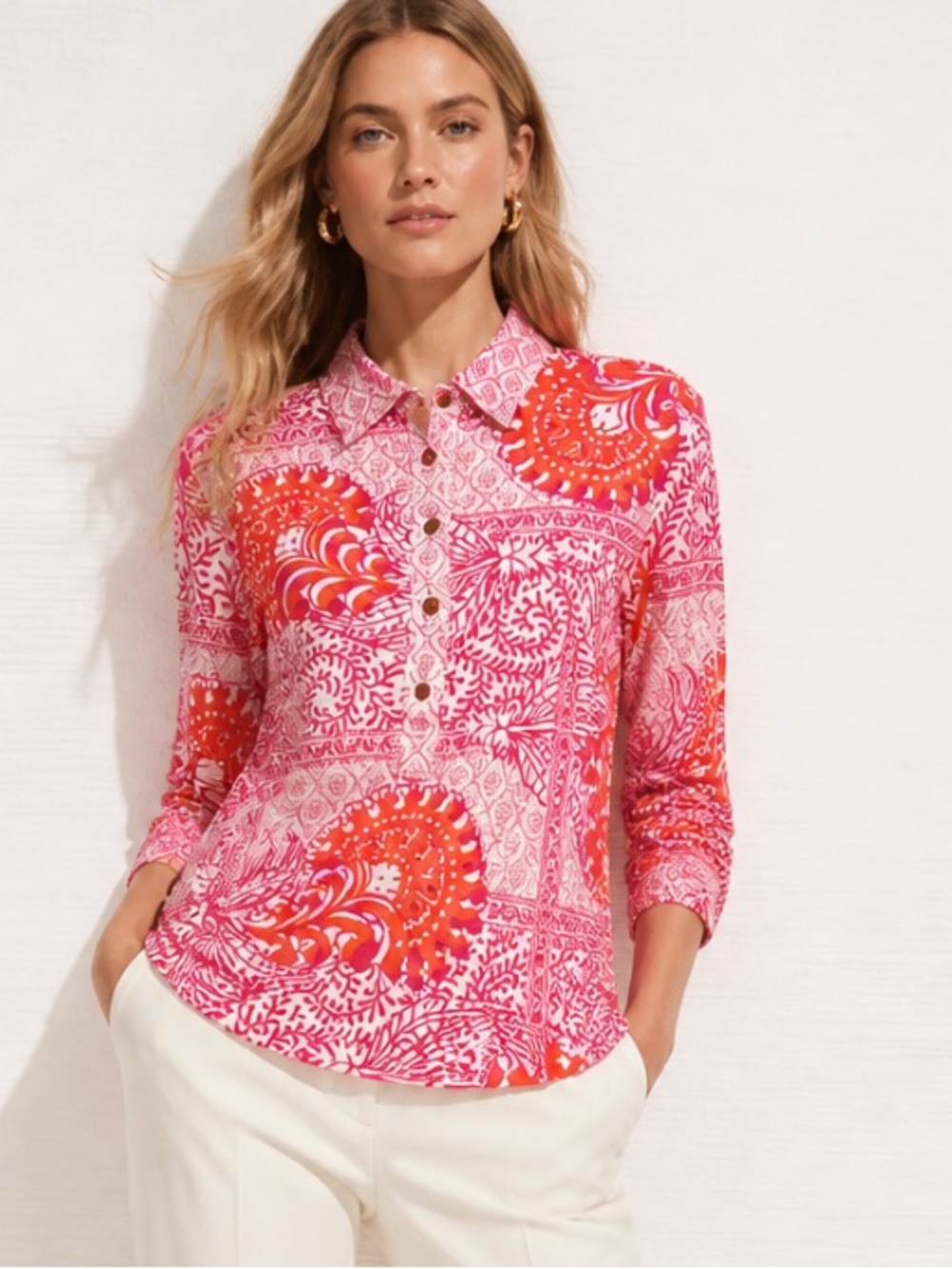 J MCLAUGHLIN Henley Popover Top Shirt Pink Long Sleeve Blouse Jersey Knit